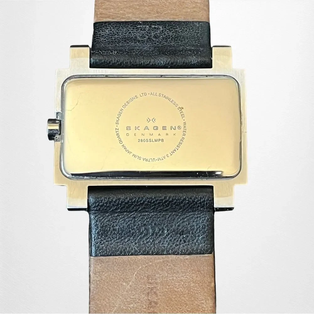 Skagen Black Leather Rectangle Face and Silver Tone Hardware Watch